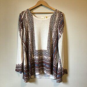 Point Zero Boho Knit Linen Blend A-Line Tribal Printed Top